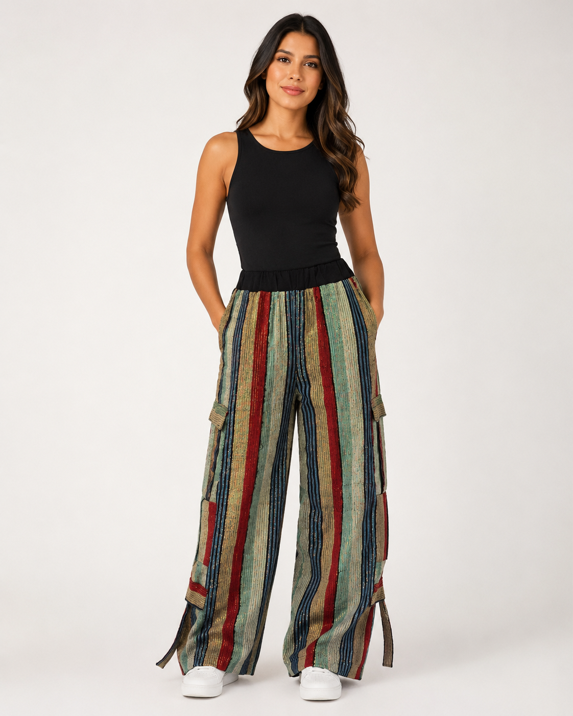 A woman modeling a pair of wide-leg cargo pants with vertical stripes in green, red, blue, and beige, paired with a black sleeveless top and white sneakers, against a plain light gray background.