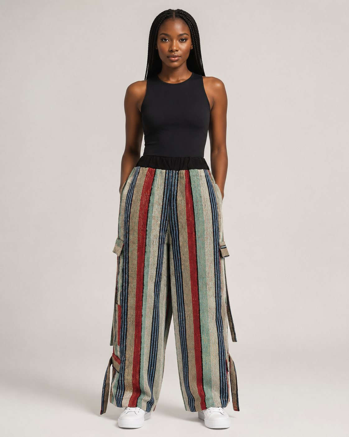 A model stands against a light gray studio background wearing a black sleeveless top and wide-leg striped pants with red, blue, beige, and green vertical stripes, paired with white sneakers.