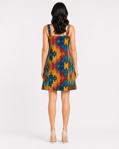 A woman viewed from the back wearing a sleeveless A-line dress with a colorful geometric block pattern in red, yellow, blue, and green, paired with beige high heels against a light gray studio background.