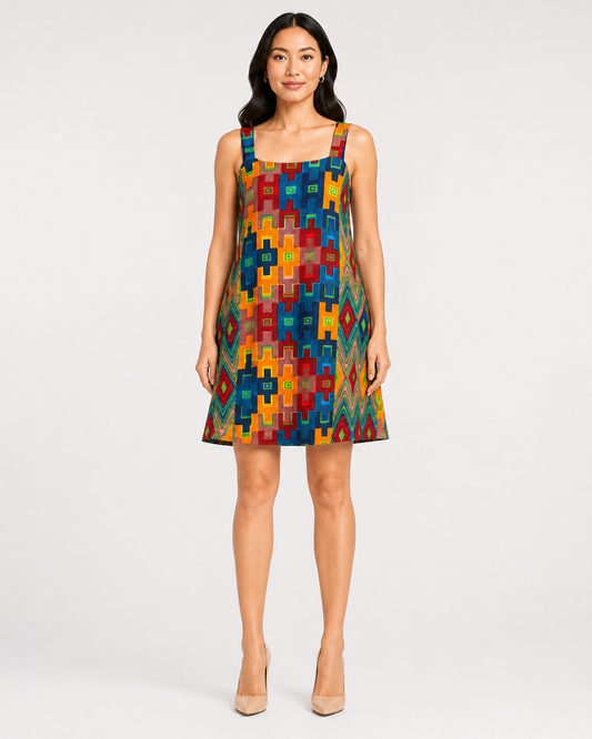 A woman modeling a sleeveless A-line mini dress with a colorful geometric block pattern in blue, red, orange, and yellow, set against a plain light gray studio background.
