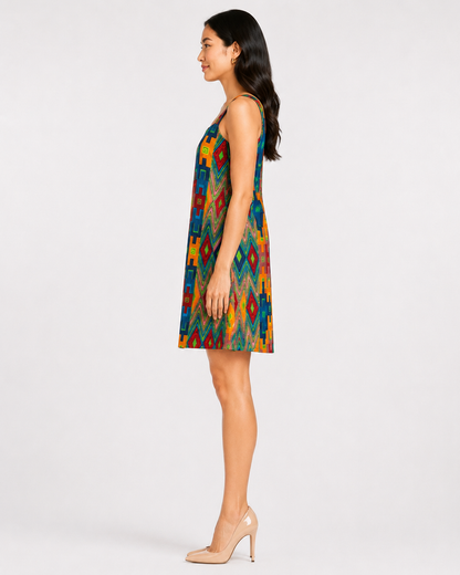 A woman modeling a sleeveless A-line mini dress with a vibrant multicolor geometric pattern, shown in profile against a plain light gray studio background.